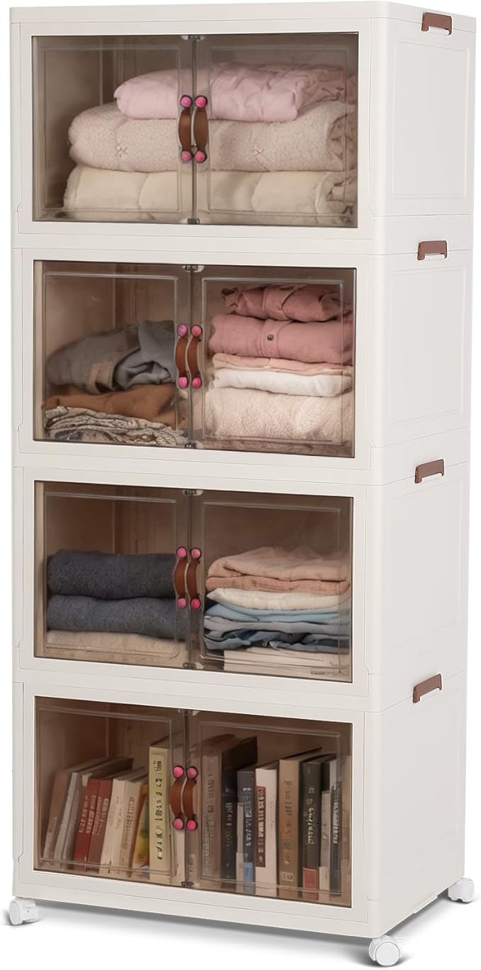 FAHKNS 120Gal/480Qt Stackable Storage Bins, Collapsible Storage Bins with Lid, Extra Large Closet Organizers and Storage with Transparent Door, Suitable for Home Bedroom or Kitchen, White