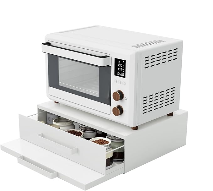 VibeNest Steel Microwave Stand with Pull-Out Drawers & Shelves | Countertop Organizer for Compact Microwaves, Coffee Station & Kitchen Appliance Storage (White+Drawer+Shelf)