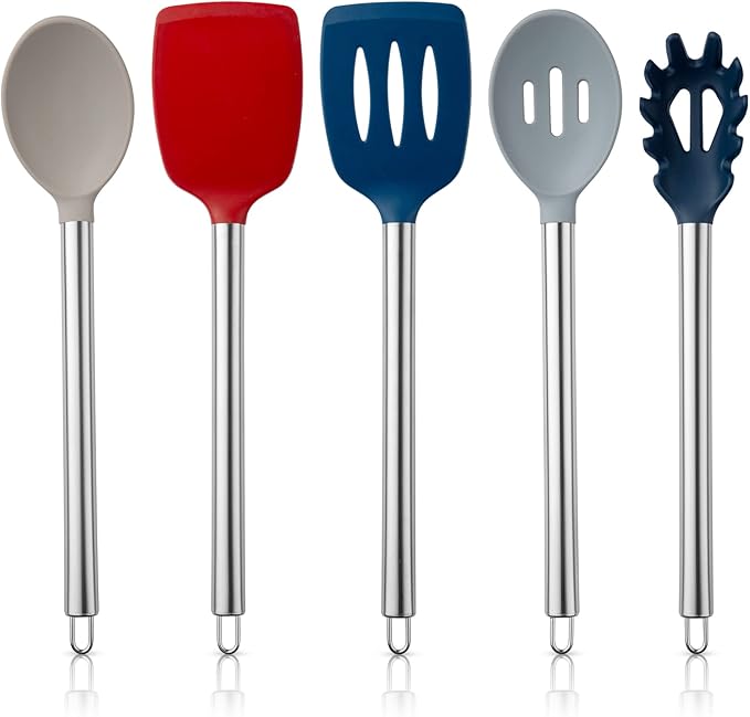 COOK WITH COLOR Silicone Cooking Utensils, Kitchen Utensil Set, Easy to Clean Silicone Kitchen Utensils, Cooking Utensils for Nonstick Cookware, Kitchen Gadgets Set, 5 Pieces, Red