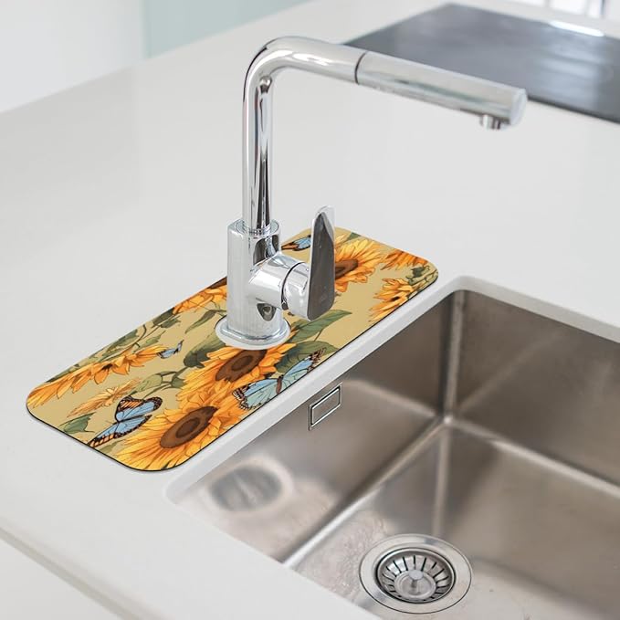Sunflower Butterfly Pattern Kitchen Faucet Mat Splash Guard, 15.4”x5.7” Absorbent Quick Drying Sink Mat for Countertop Protection, Draining Mat Sink Protectors For Kitchen Bathroom, 2 Pack