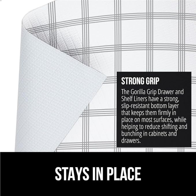 GORILLA GRIP DripGuard Shelf Liner, Non Adhesive Drawer and Kitchen Cabinet Protector, Slip Resistant BPA Free Smooth Surface Plastic Liners for Cabinets, Bathrooms, Closets, 12x120 Inch, White Stripe