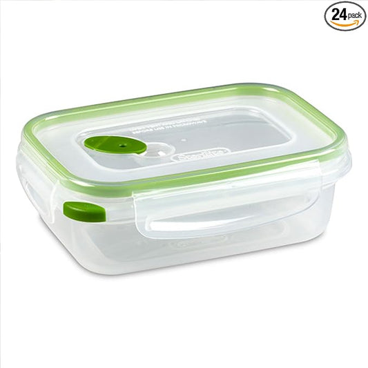 Sterilite Ultra-Seal 3.1 Cup Rectangle, Airtight Food Storage Container, Latching Lid, Microwave and Dishwasher Safe, Clear With Green Gasket, 24-Pack