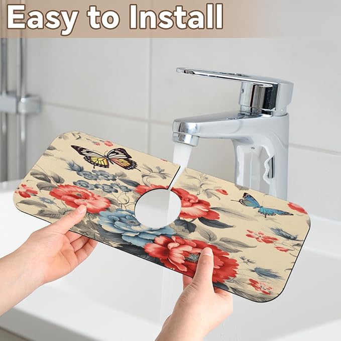 Vintage Floral Butterfly Kitchen Faucet Mat Splash Guard, 15.4”x5.7” Absorbent Quick Drying Sink Mat for Countertop Protection, Draining Mat Sink Protectors For Kitchen Bathroom, 2 Pack