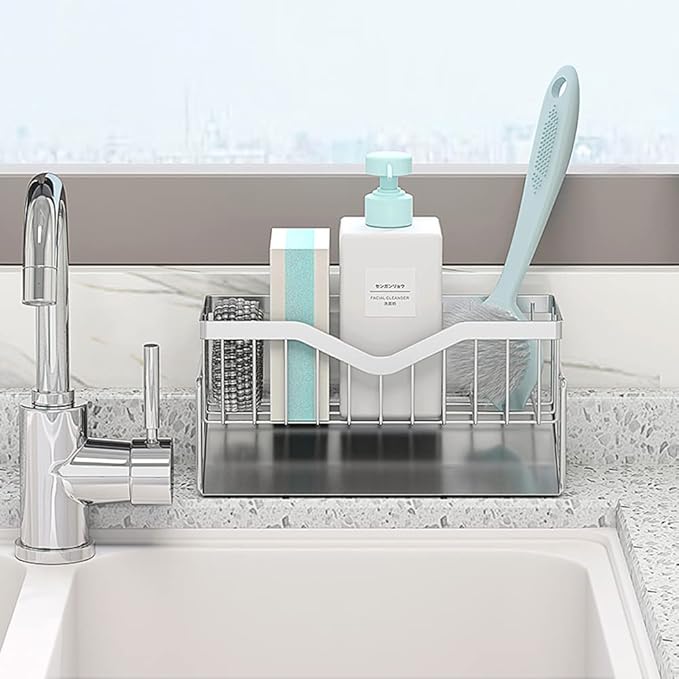 Kitchen Sink Caddy Sponge Holder , 304 Stainless Steel Kitchen Soap Dispenser Caddy Organizer - Quick Draining, Stainless Steel Tray - Holds Sponge, Dish Soap Dispenser, Cleaning Towel, Scrubber