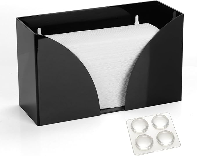 DbleBeaH Paper Towel Dispenser，Black Acrylic Napkin Holder - 10.75x6.5x4 in, Wall-Mount/Under Cabinet Tissue Box Cover, Fits C/Z/Trifold Paper Towels for Home, Kitchen, Bathroom and Commercial Use