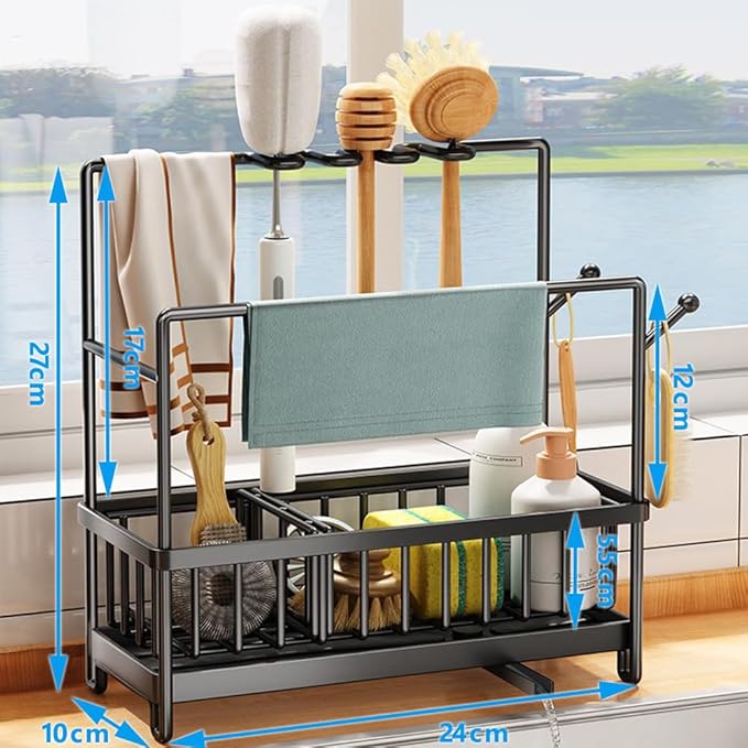 Sink Caddy with Drain Pan, Sponge and Dishcloth Holder, Rustproof Stainless Steel Organizer, Removable Brush Holder, Auto Drain Tray