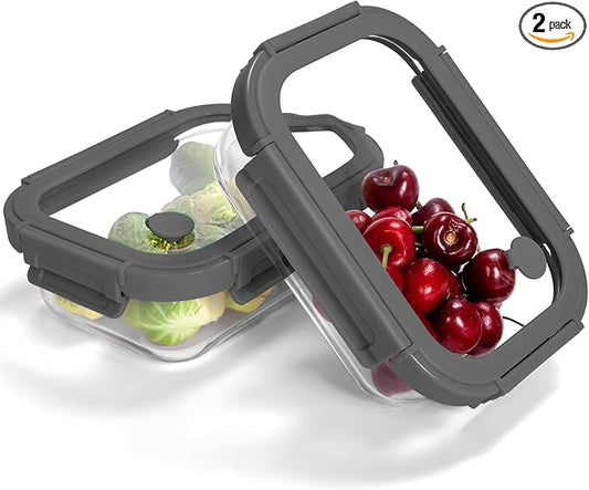 BOROHOUSE 2-Pack Glass Food Storage Containers with Tempered Lids (630ml/2.7cup) - Airtight Snap Lock, Microwave & Oven Safe (-4℉~ 950°F), Freezer to Baking Dish, BPA-Free, Gift Box (Gray)