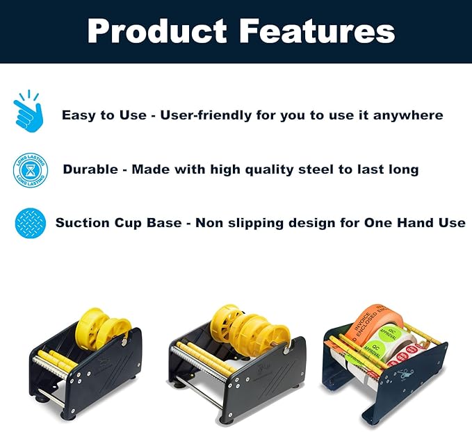 MDJ by Excell Manual Metal Label Sticker Dispenser with 4 Suction Cups Base for Tabletop, Adjustable Holder for Multiple Rolls for Office, Home, Warehouse, Easy Peel Off, Fits up to 6.5" Wide Labels