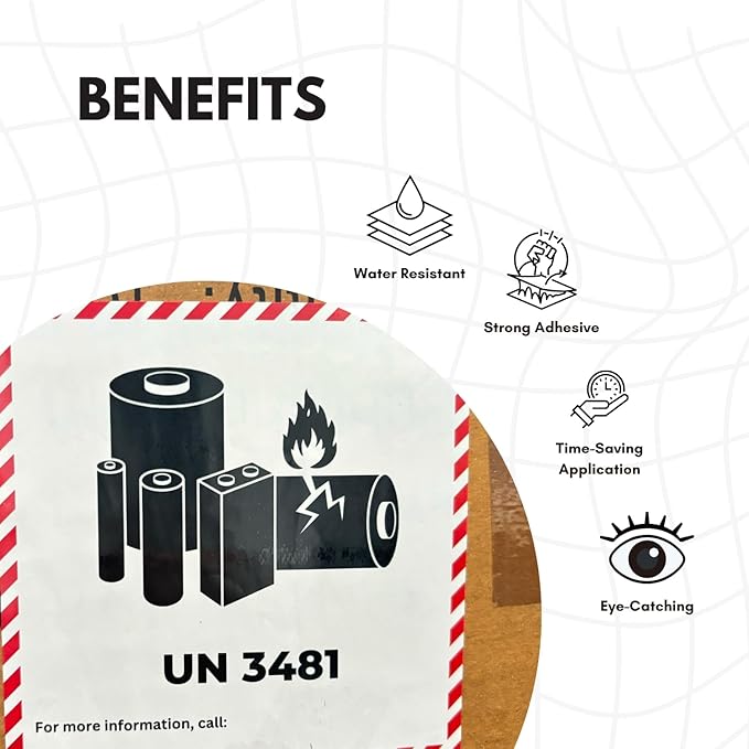 Great Eastern 500 Pcs – UN 3481 Lithium-Ion Battery Labels, 4" x 4" Adhesive Caution Stickers for Shipping, Packaging & Transport Boxes | Fragile Handling Labels, (1 Roll)