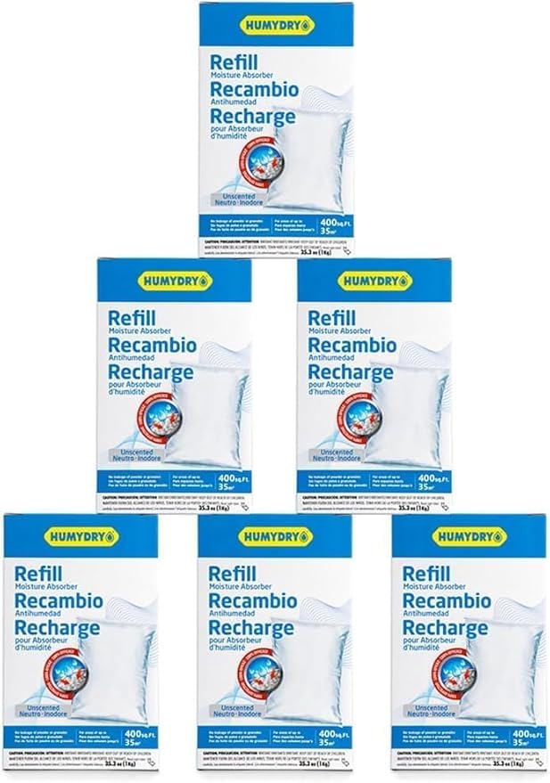 HUMYDRY Moisture Absorber Refills for 35.3 Oz Dehumidifier Device, Pack of 6 Unscented Humidity Absorber Bags, Non Electric Refill Pouches For Basements Garages Offices RVs and Large Enclosed Spaces