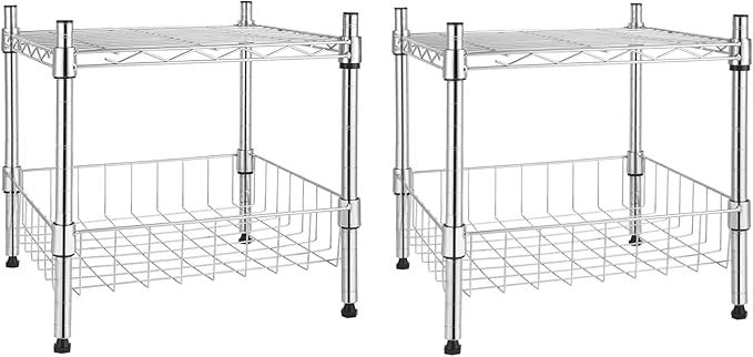 YSSOA 2-Tier Shelving Unit, 15" W x 13.8" D x 15" H Wire Metal Stackable Storage with Basket, Chrome, 2 Pack