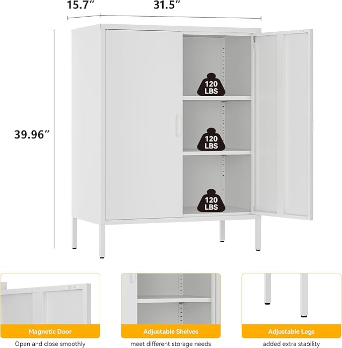YAUWOH Metal Cabinet with 2 Doors and 4 Shelves，39.96" Tall Steel Office Cabinet,Bathroom Floor Locker，for Office,Home,Garage,Gym,School (White)