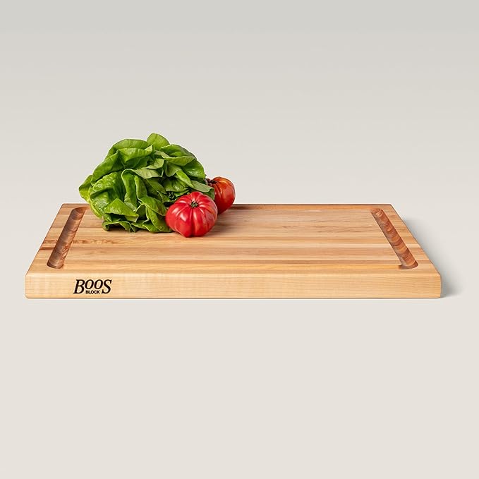 John Boos CB Series Rectangular Wooden Maple Cutting Board 24”x18” – 1.5” Thick, 18-lb Reversible Butcher Block with Juice Groove, Edge-Grain & Finger Grips – Made in the USA
