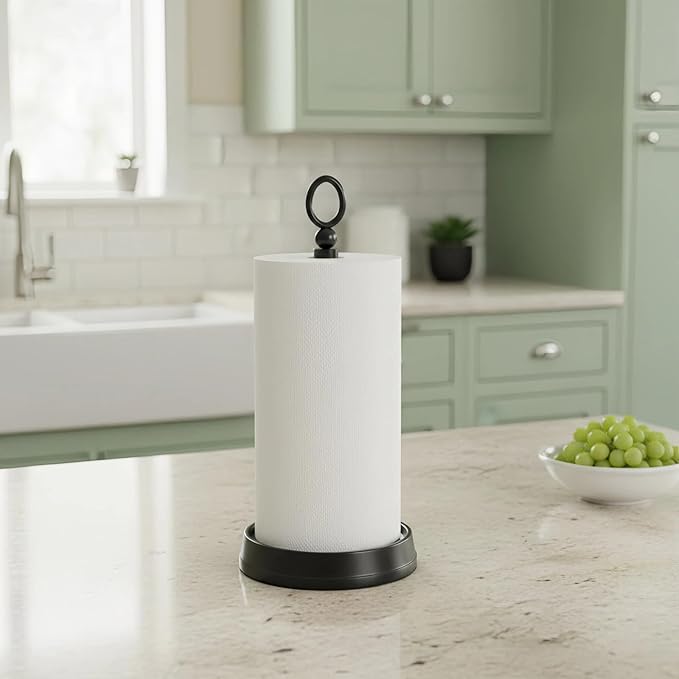 KASUNTO Paper Towel Holder (with Heavy Weighted Base) Steel Paper Holder countertop，Black Paper Towel Holder for Kitchen Countertops, Bars & Dining Tables,Fits Standard & Jumbo Rolls, Matte Black