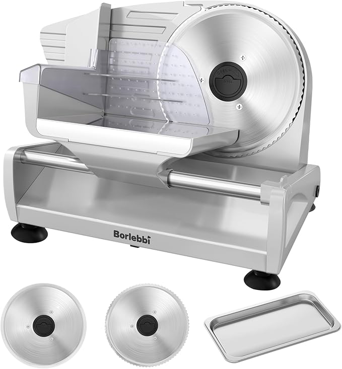 Meat Slicer, 200W Meat Slicer Machine for Home, DC Motor Quiet Deli Slicer with 2 Removable 7.5'' Stainless Steel Blades, Adjustable Dial for 0-15mm, Electric Food Slicer for Meat, Cheese, Bread