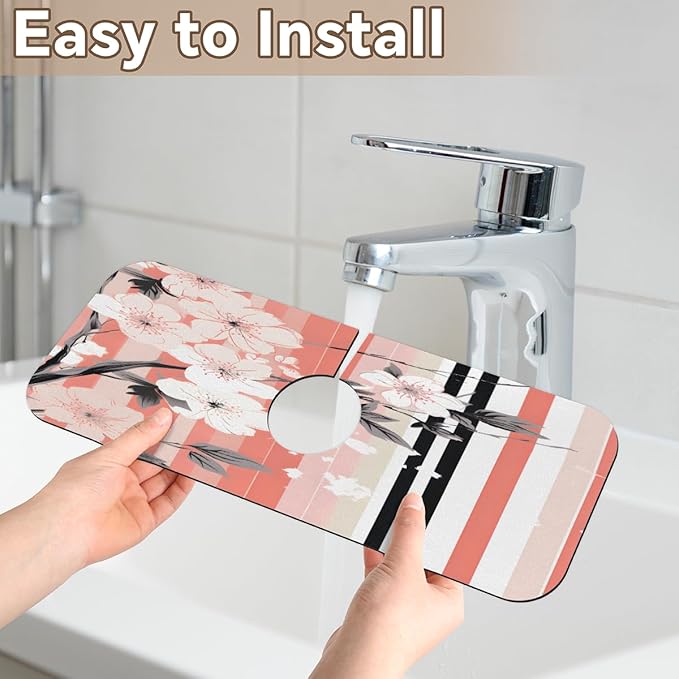 Petals Stripe Kitchen Faucet Mat Splash Guard, 15.4”x5.7” Absorbent Quick Drying Sink Mat for Countertop Protection, Draining Mat Sink Protectors For Kitchen Bathroom, 1 Pack
