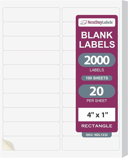 NextDayLabels 4x1 Inch Rectangle Stickers White Blank Labels for Laser Inkjet Printer - 20 Per Sheet Self-Adhesive Return Address Shipping Made in USA - 2000 Labels