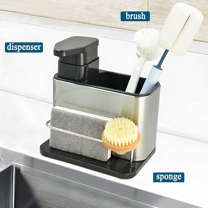 Soap Dispenser for Kitchen & Bathroom Sink with Sponge Holder and Brush Holder, Dish Soap Pump Sink Caddy for Countertop, Stainless Steel