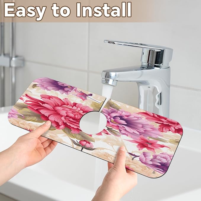 Floral Symphony In Cream Kitchen Faucet Mat Splash Guard, 15.4”x5.7” Absorbent Quick Drying Sink Mat for Countertop Protection, Draining Mat Sink Protectors For Kitchen Bathroom, 2 Pack