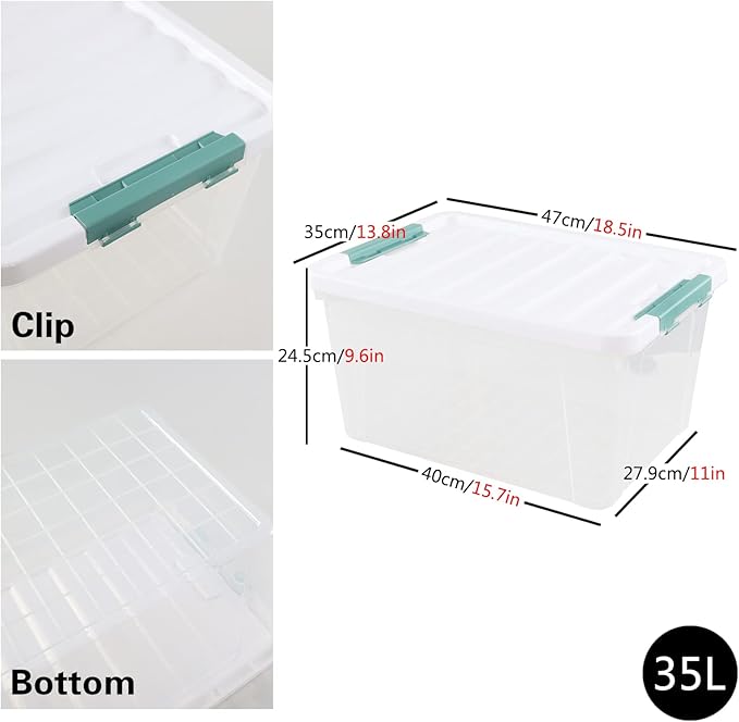 4 Pack 35 Quart Storage Box with Lid, Plastic Latching Container Bin, Clear