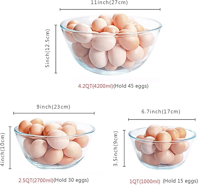Homwin Glass Mixing Bowl Set of 3 for Kitchen, Baking, Prepping, Serving, Cooking 1.1QT, 2.5QT, 4.2QT Large Salad Bowl Set, High Brosilicate Bowl Set, Stackable, Non-toxic, Microwavable, Great Gift