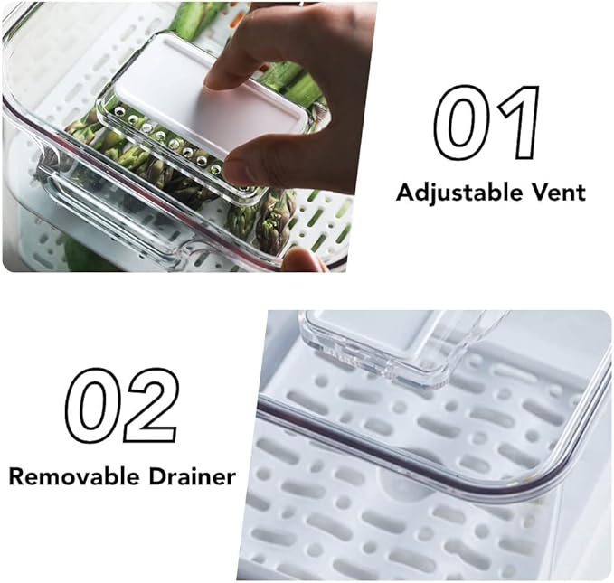 elabo Fruit Storage Containers for Fridge Fresh Produce Saver -3 Pack Stackable Fridge Organizers Bins with Lids, Drain Tray, Food Storage Container for Vegetables, Lettuce, Salad and Berry, BPA-free