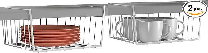 Modern Home Under Shelf Wire Storage Baskets – Hanging Organizer Rack for Cabinet, Pantry, or Closet – White Metal Basket for Kitchen, Towels, or Office – No Tools Required (Set of 2 10.25")