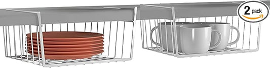 Modern Home Under Shelf Wire Storage Baskets – Hanging Organizer Rack for Cabinet, Pantry, or Closet – White Metal Basket for Kitchen, Towels, or Office – No Tools Required (Set of 2 10.25")