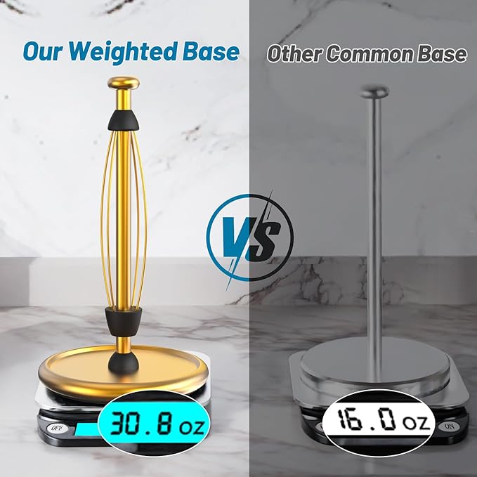 VEHHE Gold Paper Towel Holder Countertop with Weighted Base, One-Handed Tear Kitchen Towel Holder with Damping Function and EVA Non-Slip Pad for Bathroom