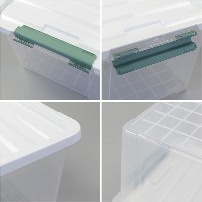 4-Pack Latching Lid Box, Large Clear Plastic Storage Bins, 35 Quart, Green Latch, Stackable Container Boxes for Home, Bathroom, Kitchen and Office Organization