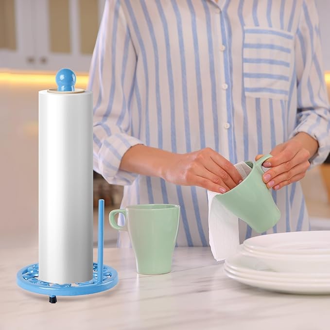 JOGREFUL Paper Towel Holder Stand, Cast Iron Kitchen Paper Towel Countertop Vintage Stand with Weighted-Base, Bathroom Organization for Family Standard Large Size Roll Paper, Classic Style, Blue