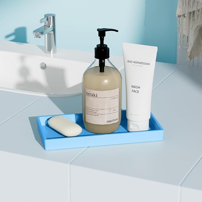 Mriluvy Vanity and Bathroom Tray, 7.7" ABS Countertop Organizer,Waterproof Vanity Tray for Toilet Tank,Perfume,Soap,Keys,Bathroom Accessories,Kitchen and Bath Trays,Non Slip Small Trays,Blue,2 Pack