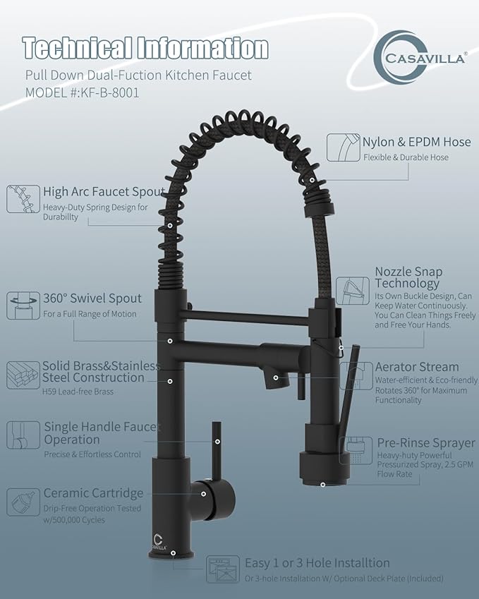 Kitchen Faucet, Black Kitchen Sink Faucets with Pull Down Sprayer, Single Handle Stainless Steel Faucets for Kitchen Sinks, Dual Function Spray Head, Farmhouse Kitchen Faucets,KF-B-8001