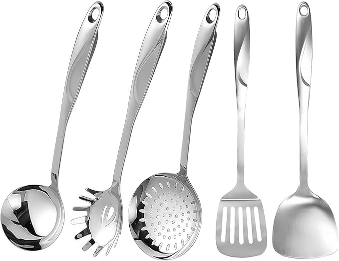 IMEEA 5-Piece Cooking Utensils Set SUS304 Stainless Steel Kitchen Utensils Set Includes Slotted Spatula, Soup Ladle, Solid Turner, Pasta Server & Skimmer