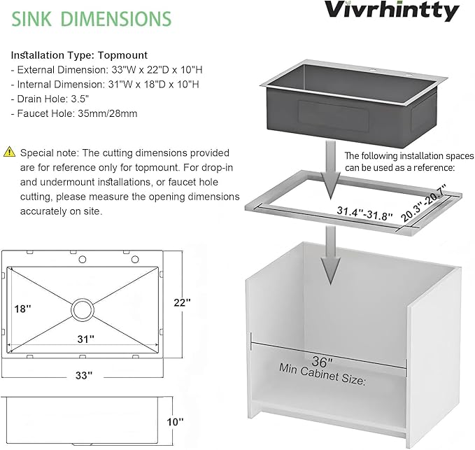 33" x 22" Drop-In Kitchen Sink, 9" Deep Single Bowl Topmount with Nano Coating, Stainless Steel for Kitchen & Laundry Room, Includes Accessories