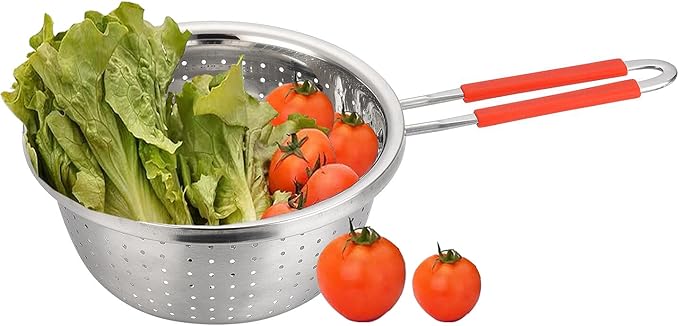Contiup Stainless Steel Perforated Metal Colander Strainer with Long Red Handle Sieve Sifters Use for Kitchen Food Pasta Noodles Spaghetti Vegetables Silver - 7.9inch