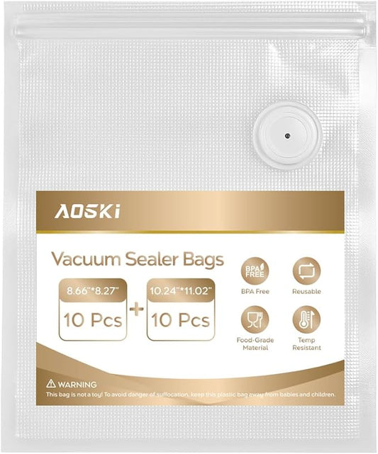Reusable Vacuum Sealer Bags for Food: 20Pcs BPA-Free Vacuum Seal Bags with Air Valve & 5 Seal Clips, Plastic Clear Sous Vide Cooking Bag, Microwaveable Freezer Safe Vacuum Food Storage for Kitchen