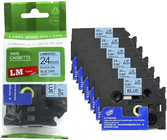 6/Pack LM Tapes - LMe-551 Premium 1" Black Print on Blue Label Compatible with Brother TZe-551 P-Touch and Includes Tape Color/Size Guide. Replaces TZ551 24mm 0.94 Laminated