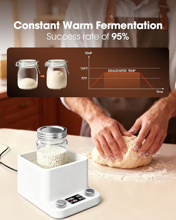 MQUPIN Sourdough Starter Warmer, Even Heating Water Bath Sourdough Warmer, 1°F Precise Thermostat (70-104°F),198H Timer, Smart Yeast Feeding Warmer for Kombucha Yoghurt Beer Fermentation (White)