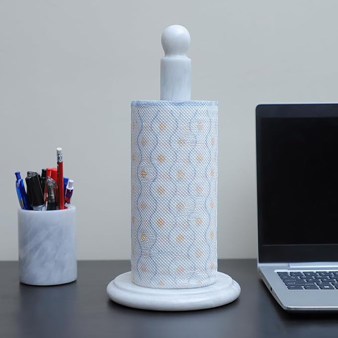 Marble Kitchen Paper Towel Rack Holder Handmade Paper Roll Holder with Stand Non-Slip - Wrapping Paper Holder for Kitchen Countertop, Cabinet & Bathrooms - Hand Towel Rack Standup Holder (White)