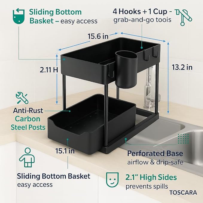 Under Sink Organizer – 2 Tier Sliding cabinet organizer with 4 Hooks & 1 Cup | Multi-Purpose Space Saving Shelf for under kitchen sink storage, Countertop, Bathroom, Pantry & Office Organization