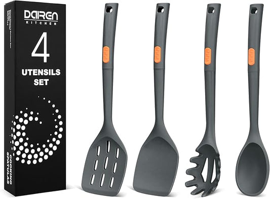 Silicone Spatulas and Spaghetti Spoons, 4 Pack Heat Resistant Full Silicone Cooking Utensils Set, Non Stick Large Kitchen Spatula Spoons for Cooking, Mixing, Serving, Draining