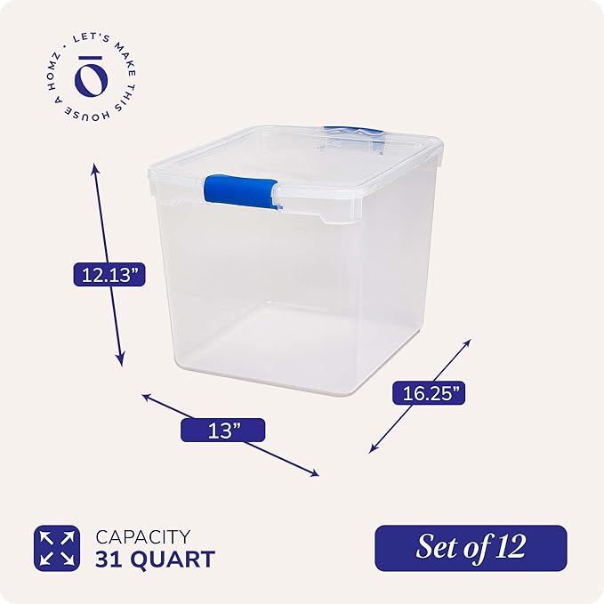 HOMZ 12-Pack Secure Latch, Clear Plastic Storage Organizer Bins, 31 Quart, Blue Latches - Stackable Container Boxes for Bedroom, Bathroom, Garage, and Office Organization