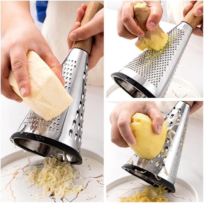 OFFSCH Stainless Steel Cone Cheese Grater with Wooden Handle - 3-Sided Vegetable Shredder for Grating Cheese Fruits and Vegetables - Kitchen Tool for Home Cooking and Food Preparation