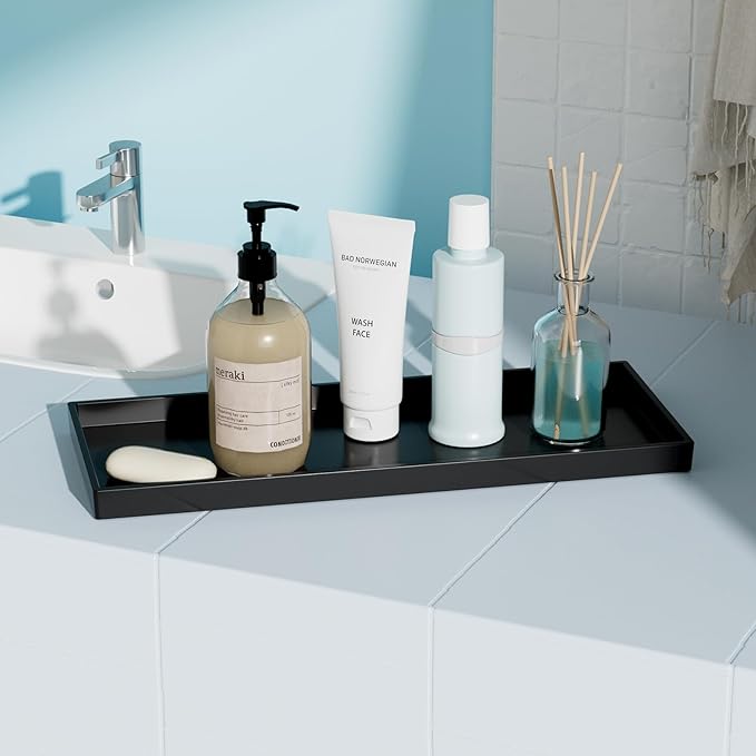 Mriluvy Vanity and Bathroom Tray, 15" ABS Countertop Organizer,Waterproof Vanity Tray for Toilet Tank,Perfume,Soap,Keys,Bathroom Accessories,Kitchen and Bath Trays,Non Slip Small Trays,Black