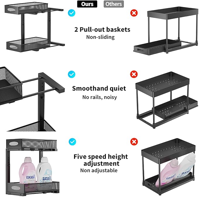 WROBTLD Under Sink Organizer, 2-Tier Pull Out Cabinet Organizer with Adjustable Height, Use in Kitchen Bathroom Cabinet and Countertop Storage, Black