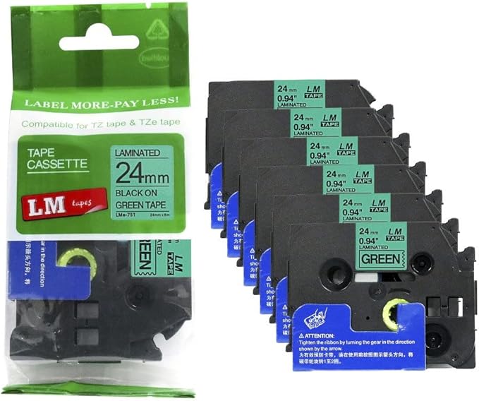 6/Pack LM Tapes - LMe-751 Premium 1" Black Print on Green Label Compatible with Brother TZe-751 P-Touch and Includes Tape Color/Size Guide. Replaces TZ751 24mm 0.94 Laminated