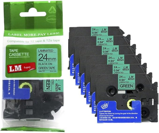 6/Pack LM Tapes - LMe-751 Premium 1" Black Print on Green Label Compatible with Brother TZe-751 P-Touch and Includes Tape Color/Size Guide. Replaces TZ751 24mm 0.94 Laminated