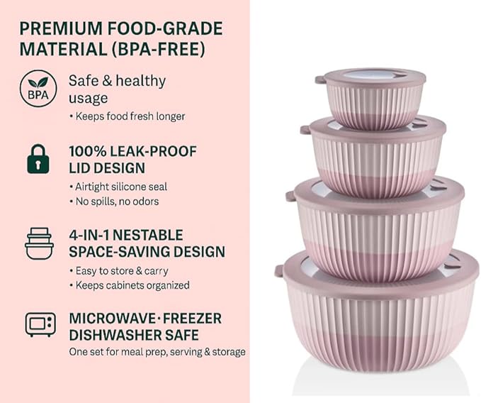 Mixing Bowls with Airtight Lids – 8 Piece Nesting Kitchen Set – BPA-Free, Leak-Proof & Stackable – Dishwasher, Microwave & Freezer Safe