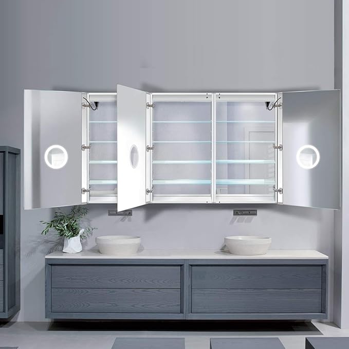 Krugg LED Medicine Cabinet 72 Inch X 42 Inch | Recessed or Surface Mount Mirror Cabinet w/Dimmer & Defogger + 3X Makeup Mirror Inside & Outlet + USB(Left Left Right)